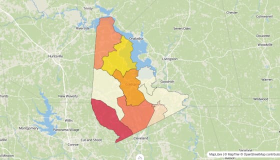 Map preview of San Jacinto County, TX - Median Gross Rent