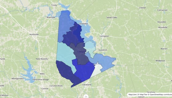 Map preview of San Jacinto County, TX - Median Home Value