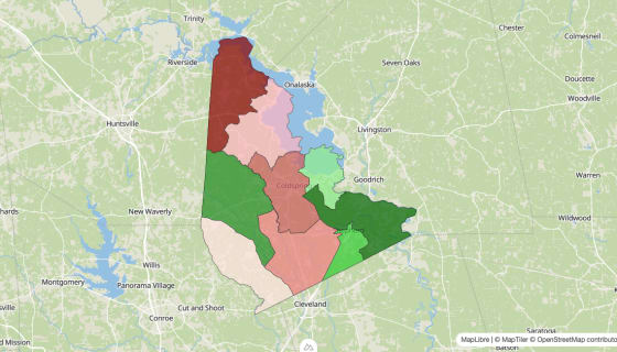 Map preview of San Jacinto County, TX - Median Household Income