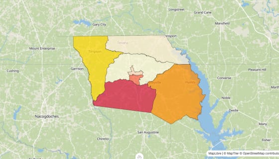Map preview of Shelby County, TX - Median Gross Rent