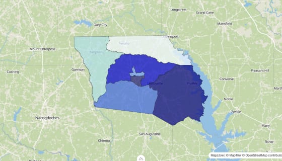 Map preview of Shelby County, TX - Median Home Value