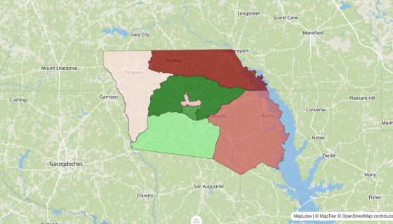 Map preview of Shelby County, TX - Median Household Income