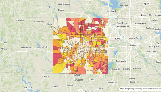 Map preview of Tarrant County, TX - Median Gross Rent