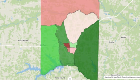 Map preview of Titus County, TX - Median Household Income
