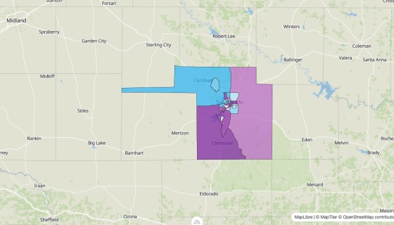 Map preview of Tom Green County, TX - Median Age