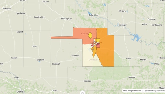Map preview of Tom Green County, TX - Median Gross Rent