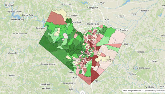 Map preview of Travis County, TX - Median Household Income
