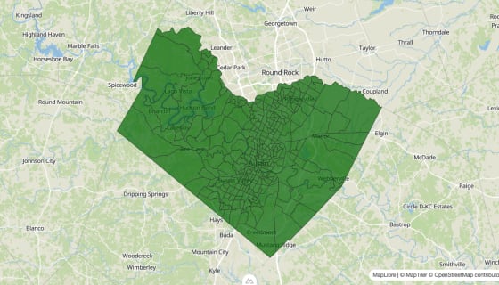Map preview of Travis County, TX - Poverty Rate