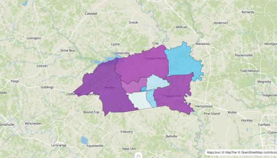 Map preview of Washington County, TX - Median Age