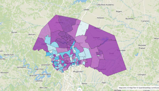 Map preview of Williamson County, TX - Median Age