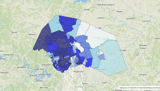 Map preview of Williamson County, TX - Median Home Value