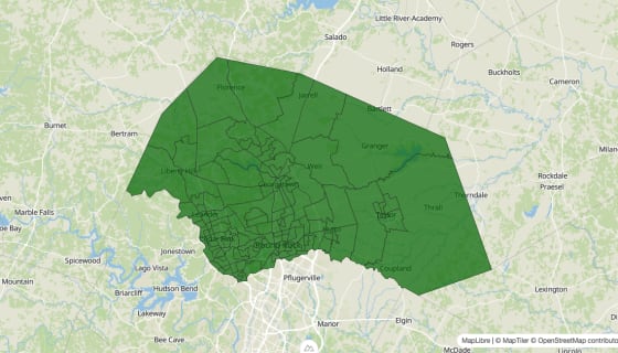 Map preview of Williamson County, TX - Poverty Rate