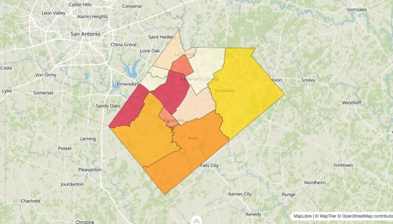 Map preview of Wilson County, TX - Median Gross Rent