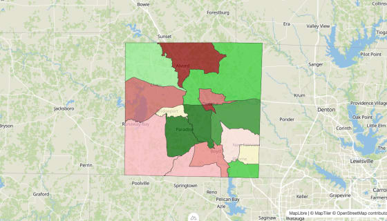 Map preview of Wise County, TX - Median Household Income