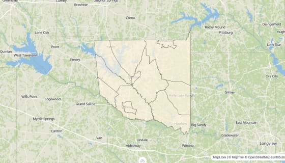 Map preview of Wood County, TX - Bachelor's Degree Rate