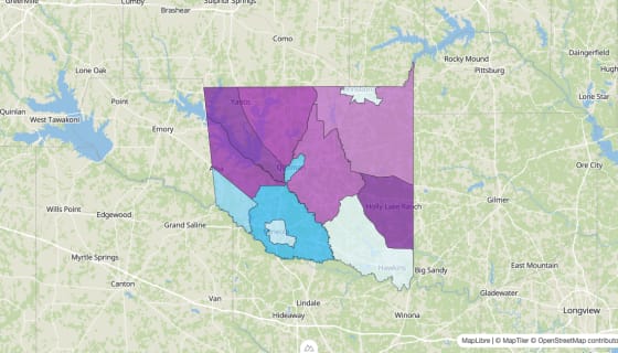 Map preview of Wood County, TX - Median Age