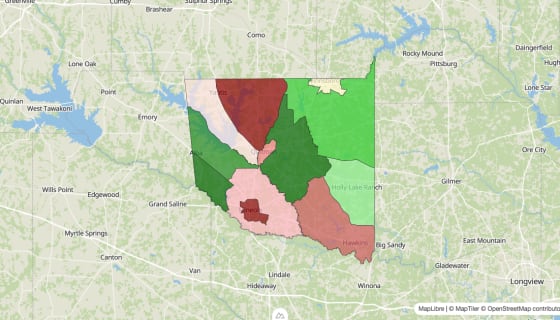 Map preview of Wood County, TX - Median Household Income
