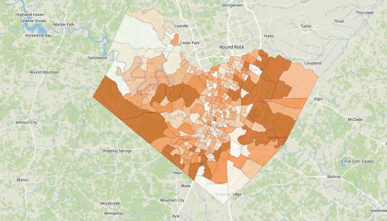 Map preview of Travis County, TX - Population by Census Tract (2023)