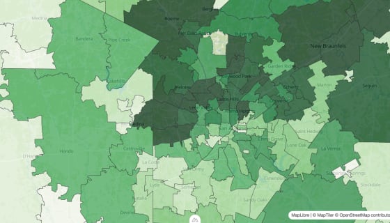 Map preview of San Antonio - Bachelor's Degrees by Zip Code