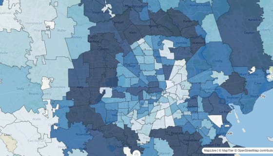 Map preview of Houston - White Population by Zip Code