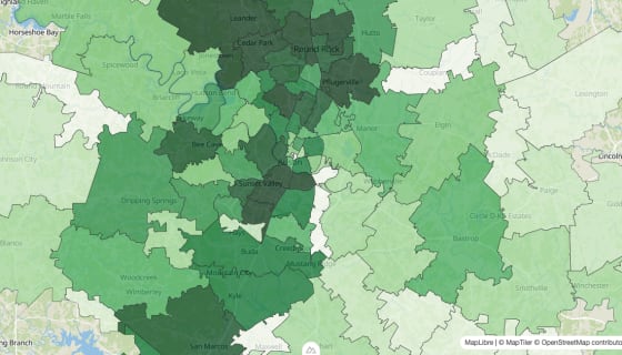 Map preview of Austin - Bachelor's Degrees by Zip Code