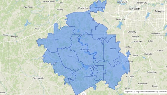 Map preview of Granbury, TX - Zip Codes