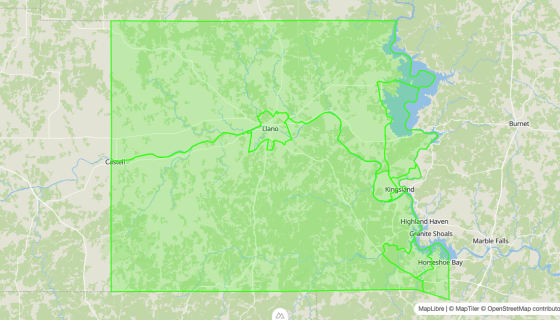 Map preview of Llano 
  County, TX - Census Tracts