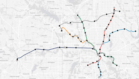 Map preview of DART Rail System — All Lines & Stations (GTFS)