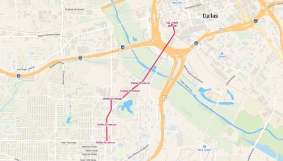 Map preview of Dallas Streetcar — Bishop Arts Line