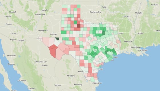 Map preview of Texas Counties — 1-Year Population Change (2024–2025)