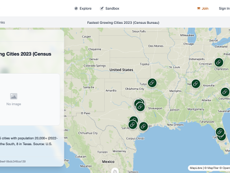 Map preview of Fastest Growing Cities 2023 (Census Bureau)