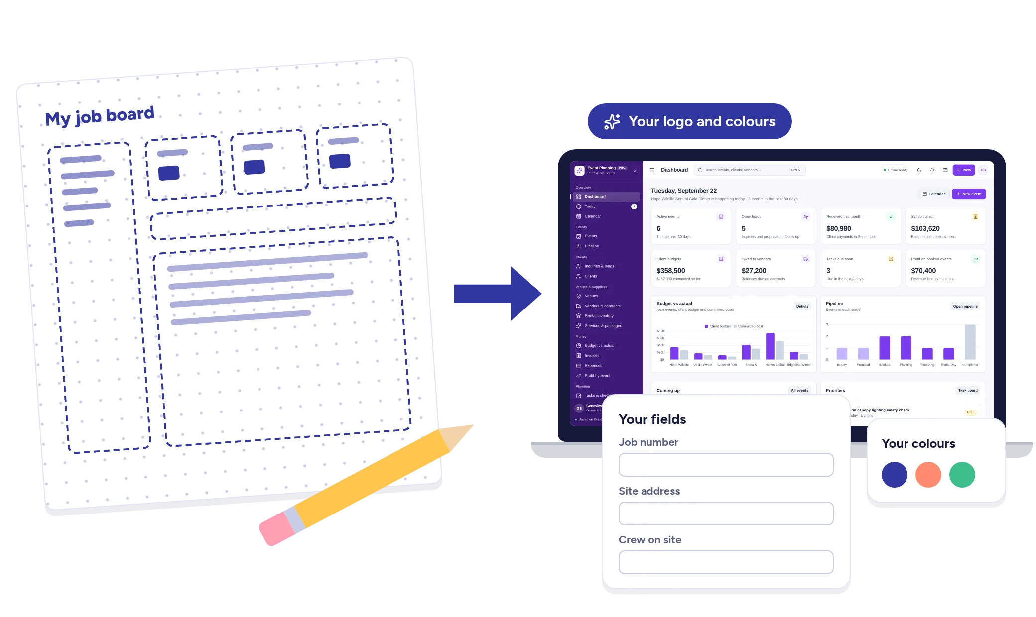 A hand-drawn sketch of a job board turned into a finished app with your own fields, logo and colours