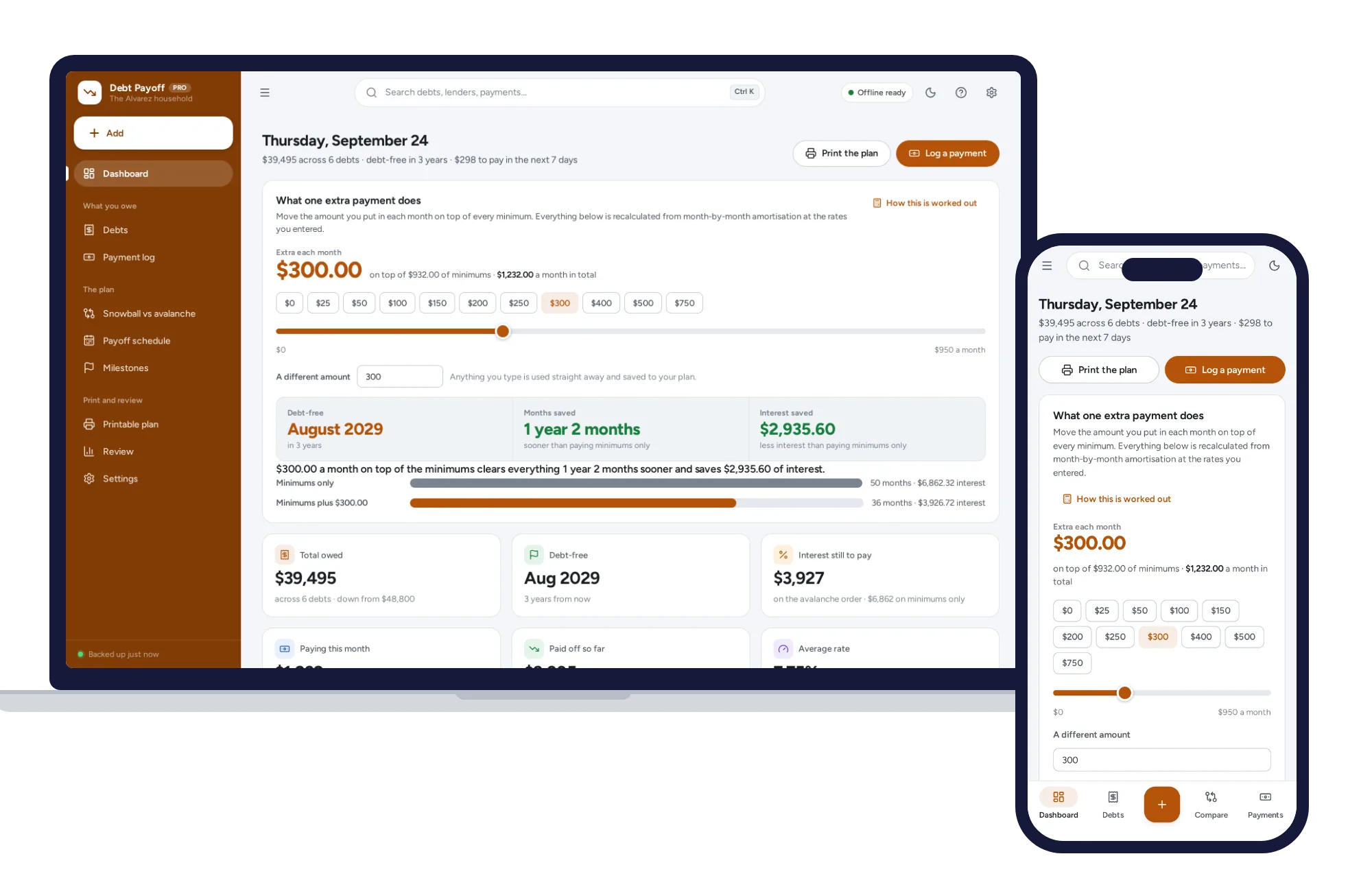 Debt Payoff Planner on a laptop and a phone