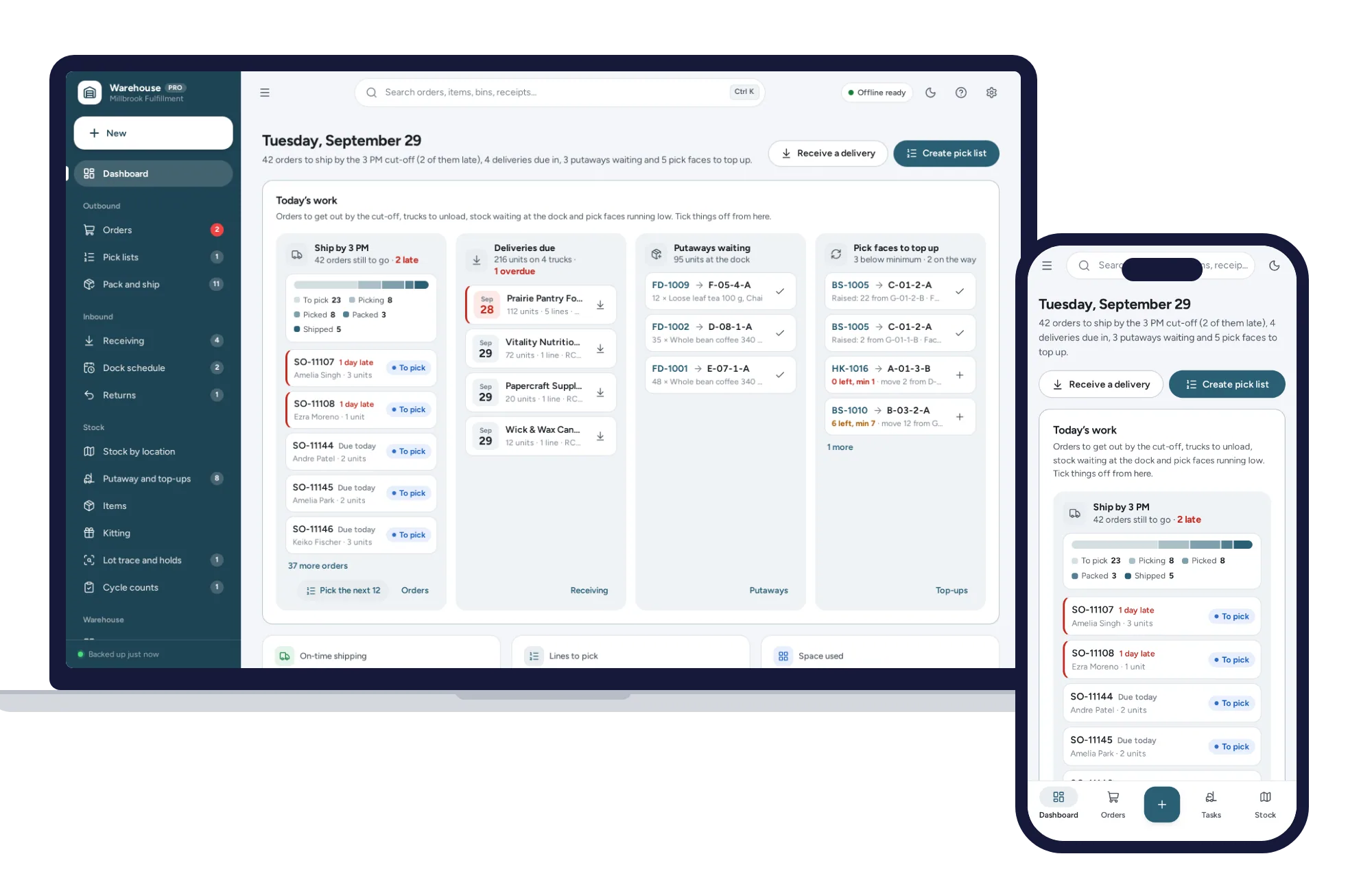 Warehouse Management System on a laptop and a phone