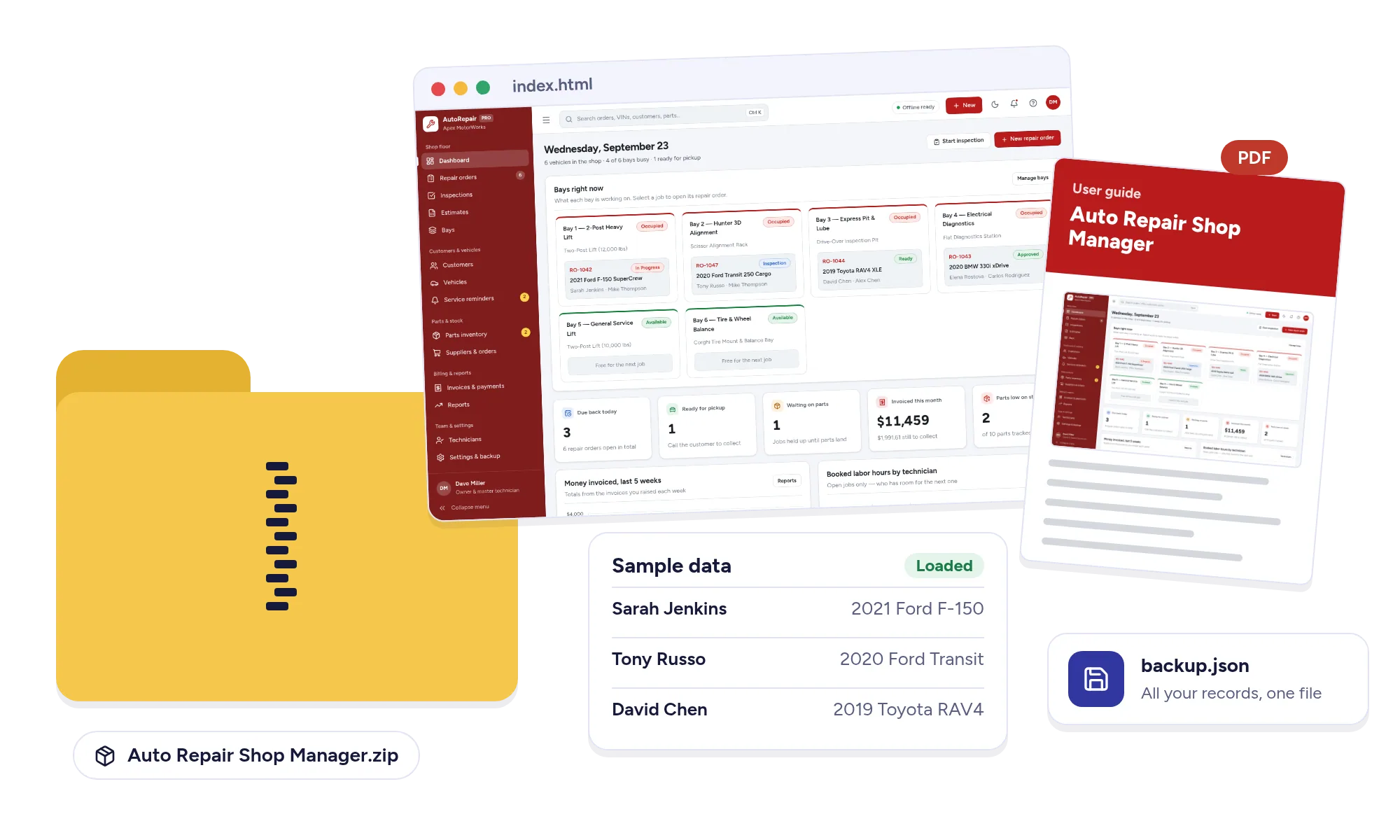 A zip file opening into the app in a browser, a PDF user guide, sample records and a backup file