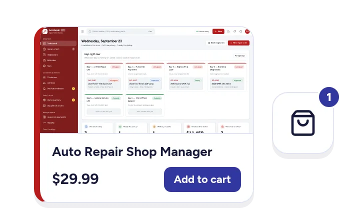 A product card with an Add to cart button, and the cart showing one item