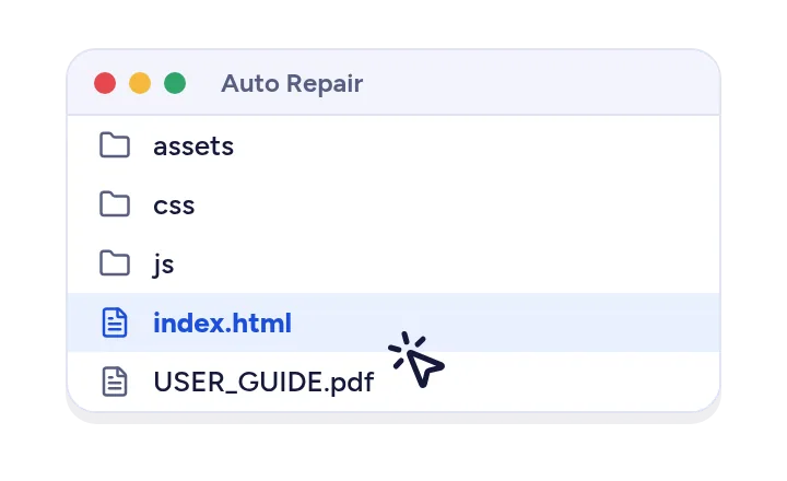The unzipped folder with index.html highlighted and a double-click