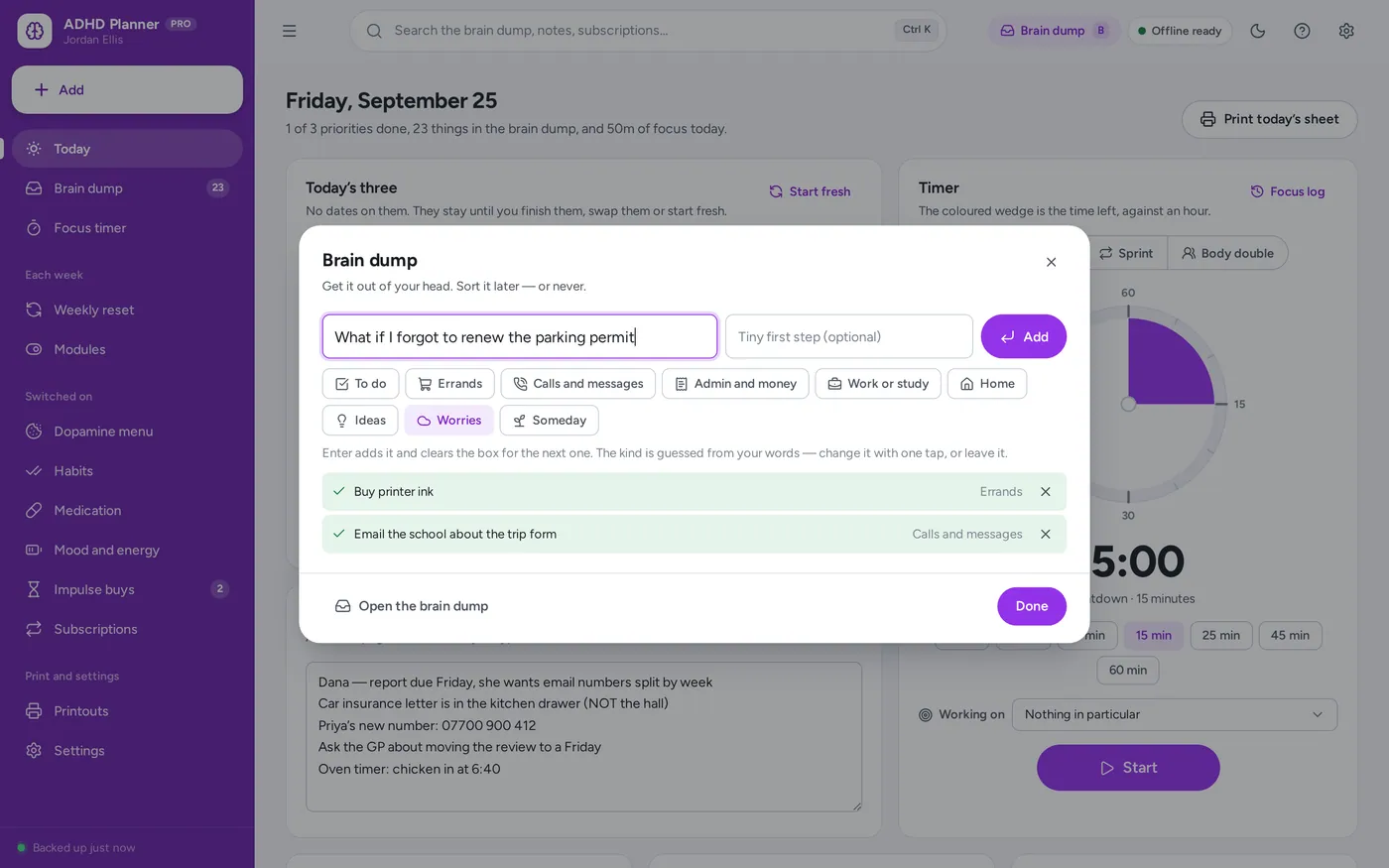 Brain dump screen in ADHD Planner