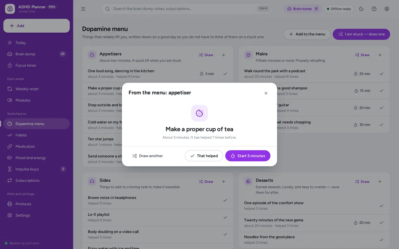 Dopamine menu screen in ADHD Planner