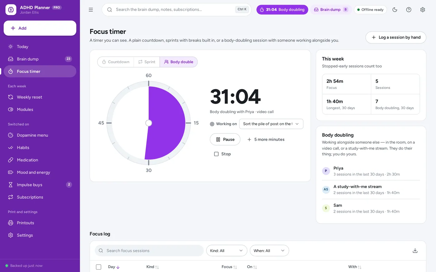 Body doubling screen in ADHD Planner