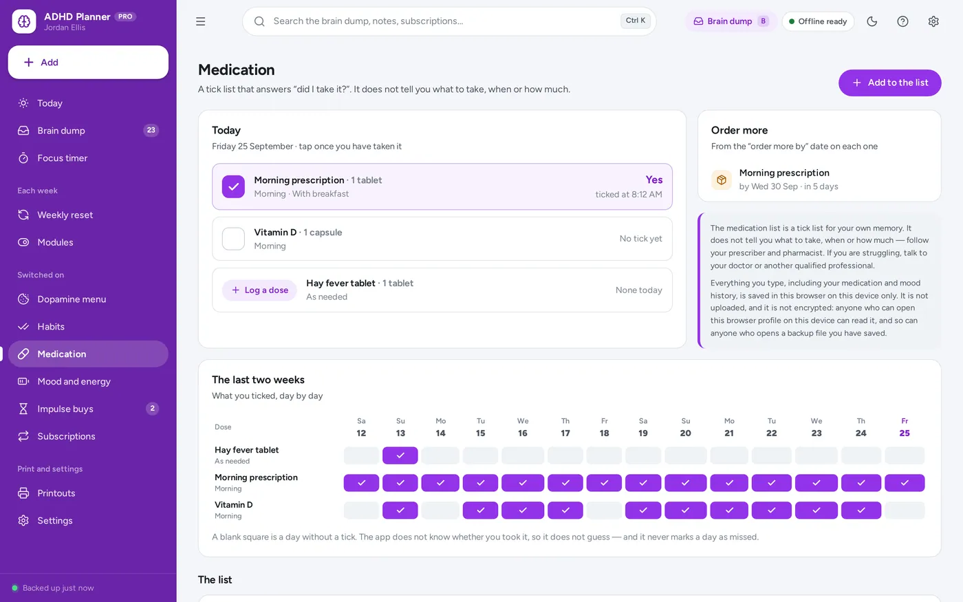 Medication, habits, mood screen in ADHD Planner