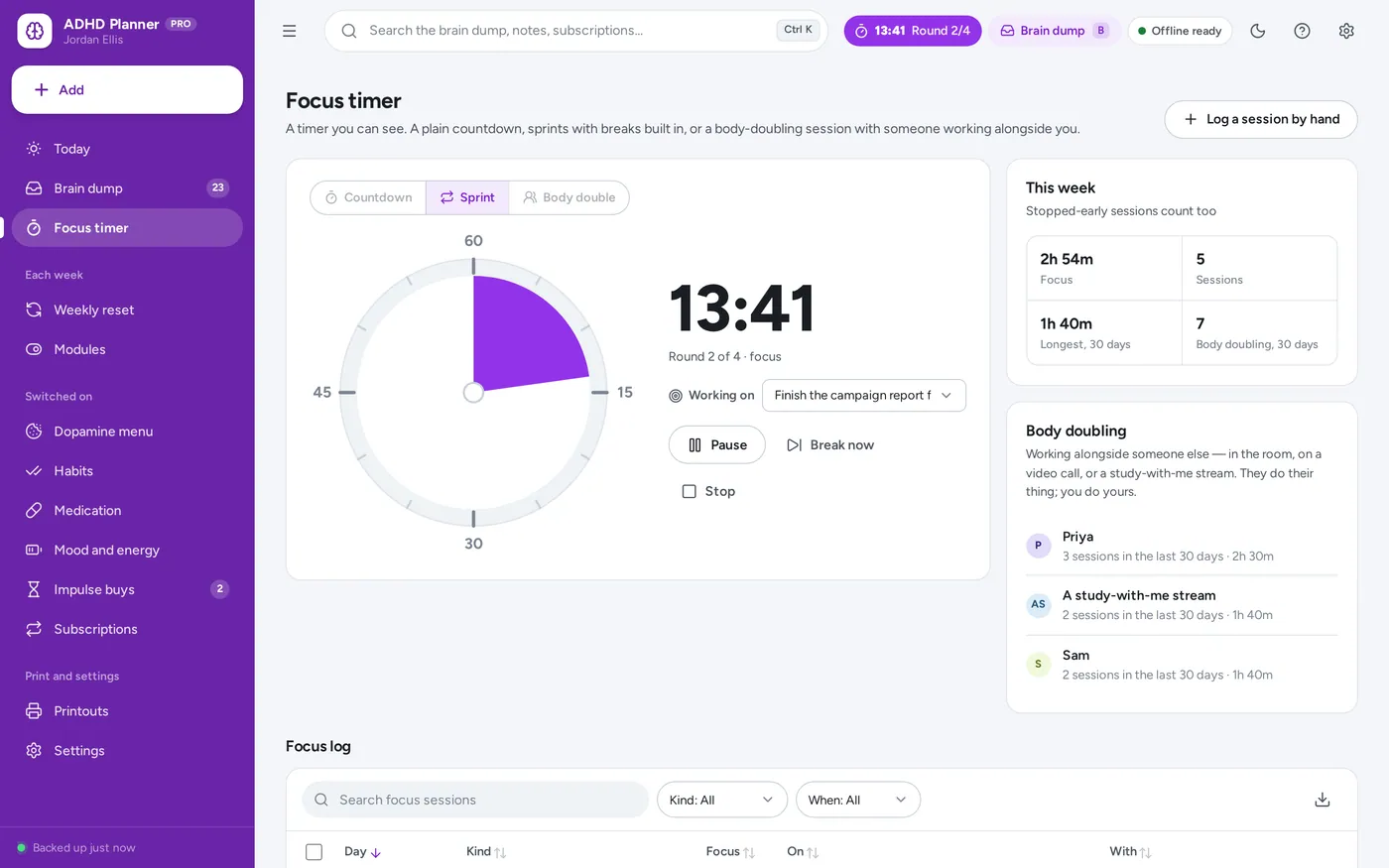 Visual timer and sprint mode screen in ADHD Planner