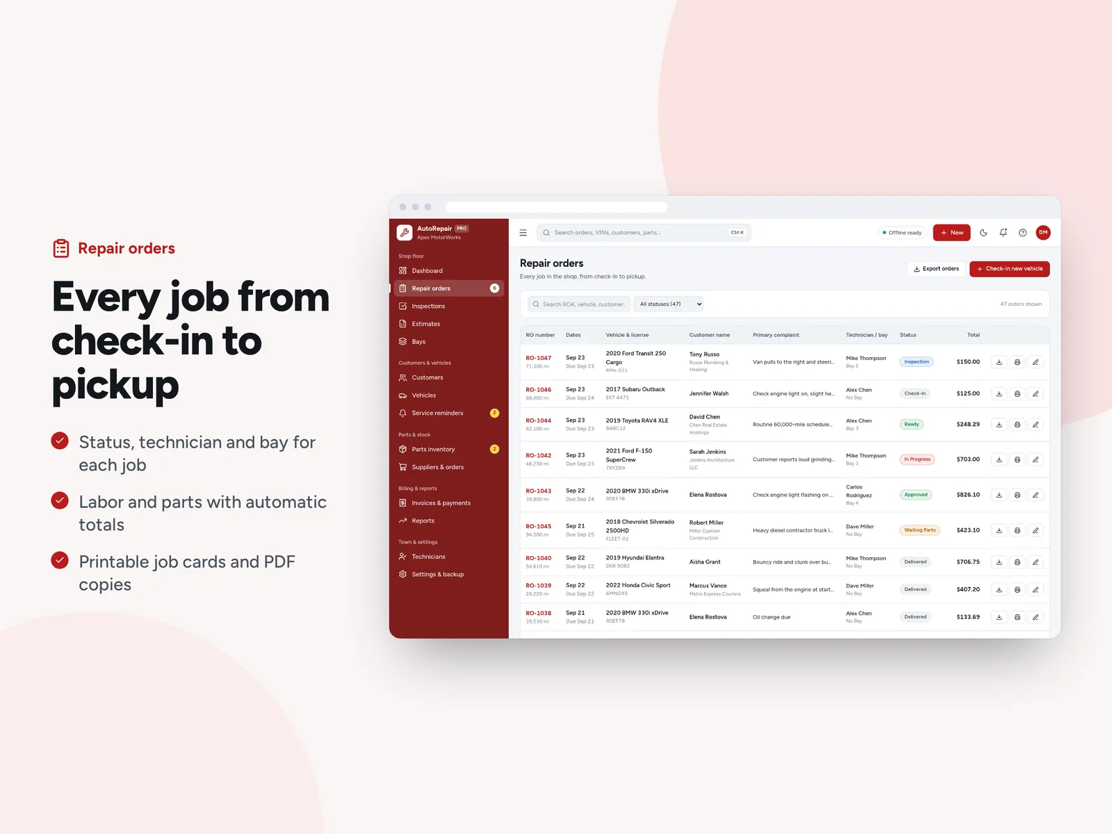 Every job from check-in to pickup