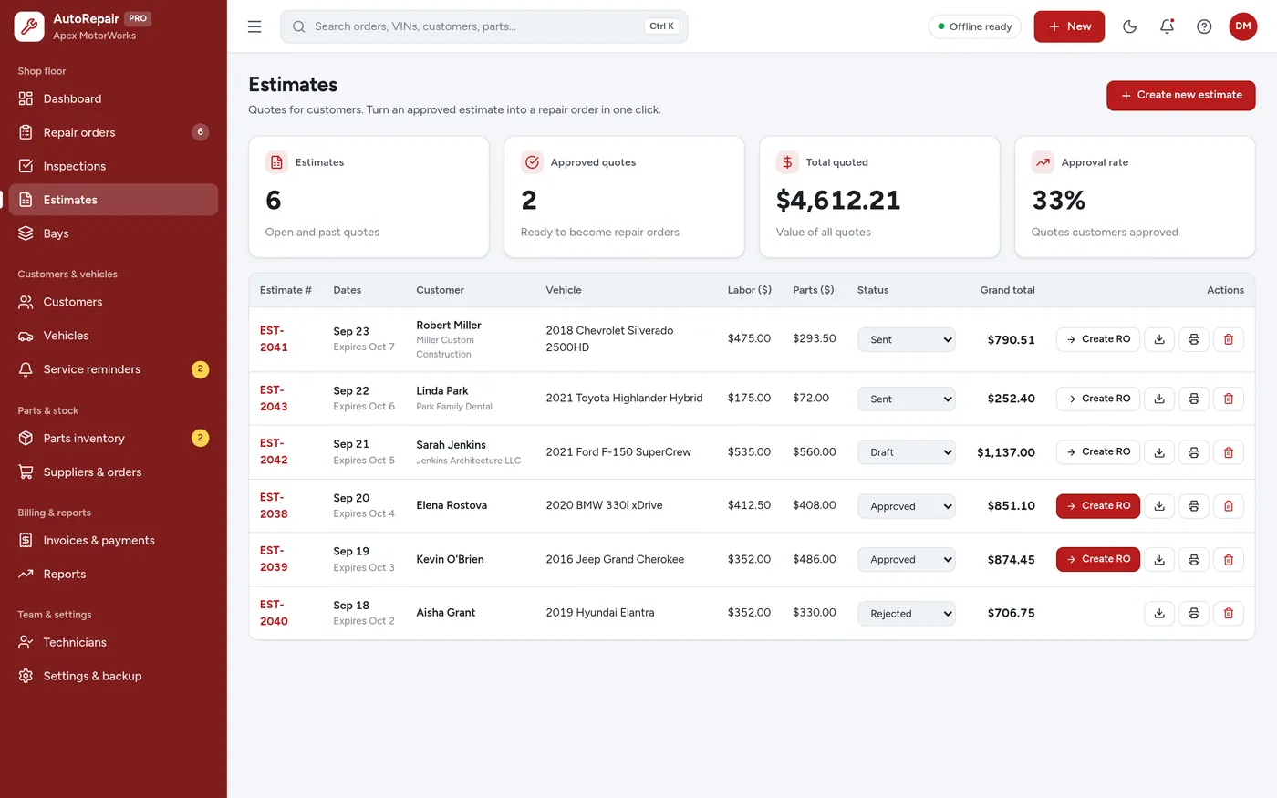 Estimates screen in Auto Repair Shop Manager