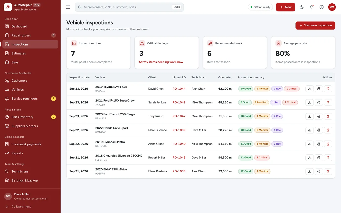 Vehicle inspections screen in Auto Repair Shop Manager