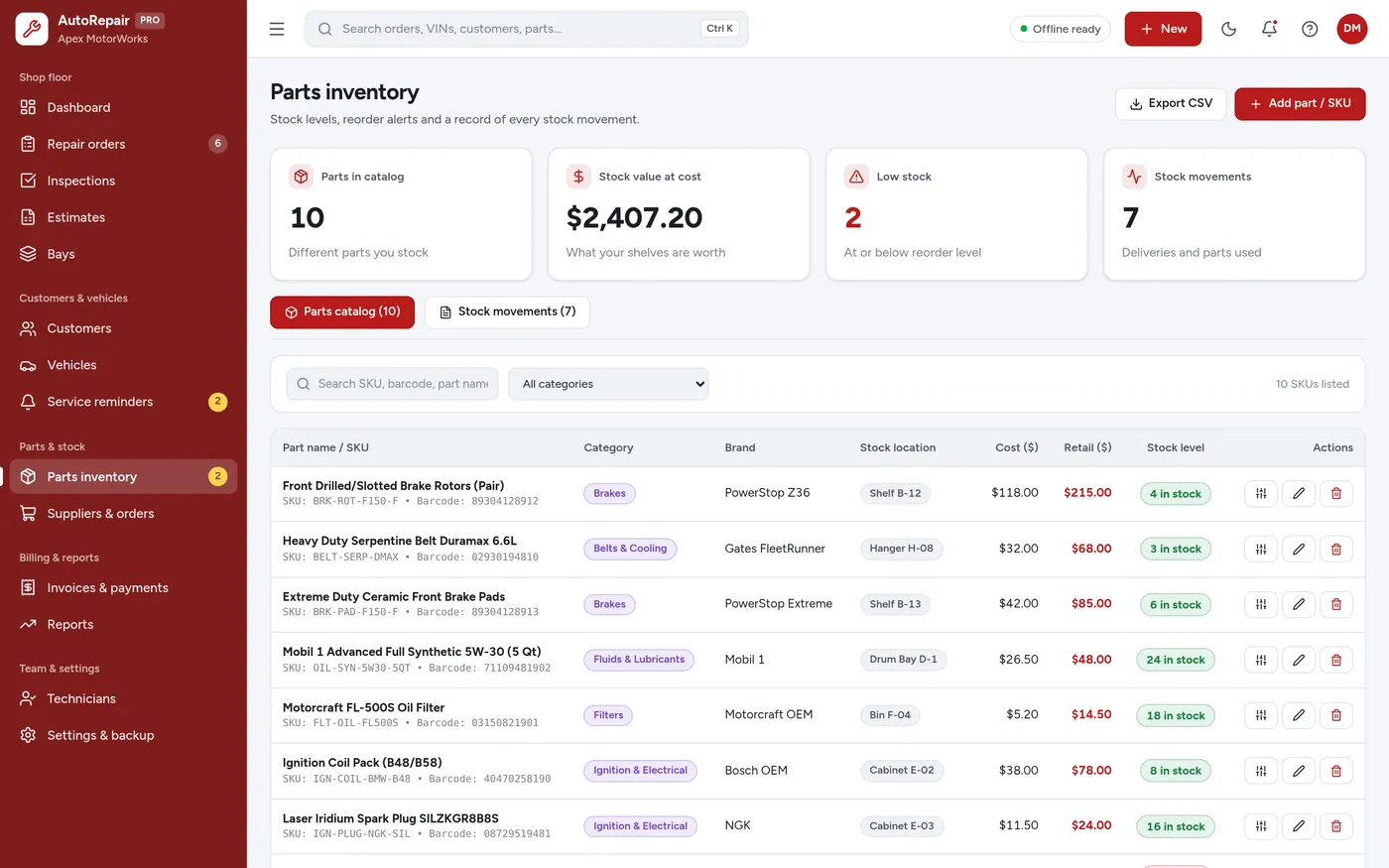 Parts inventory screen in Auto Repair Shop Manager