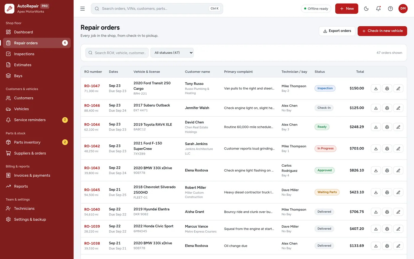 Repair orders screen in Auto Repair Shop Manager
