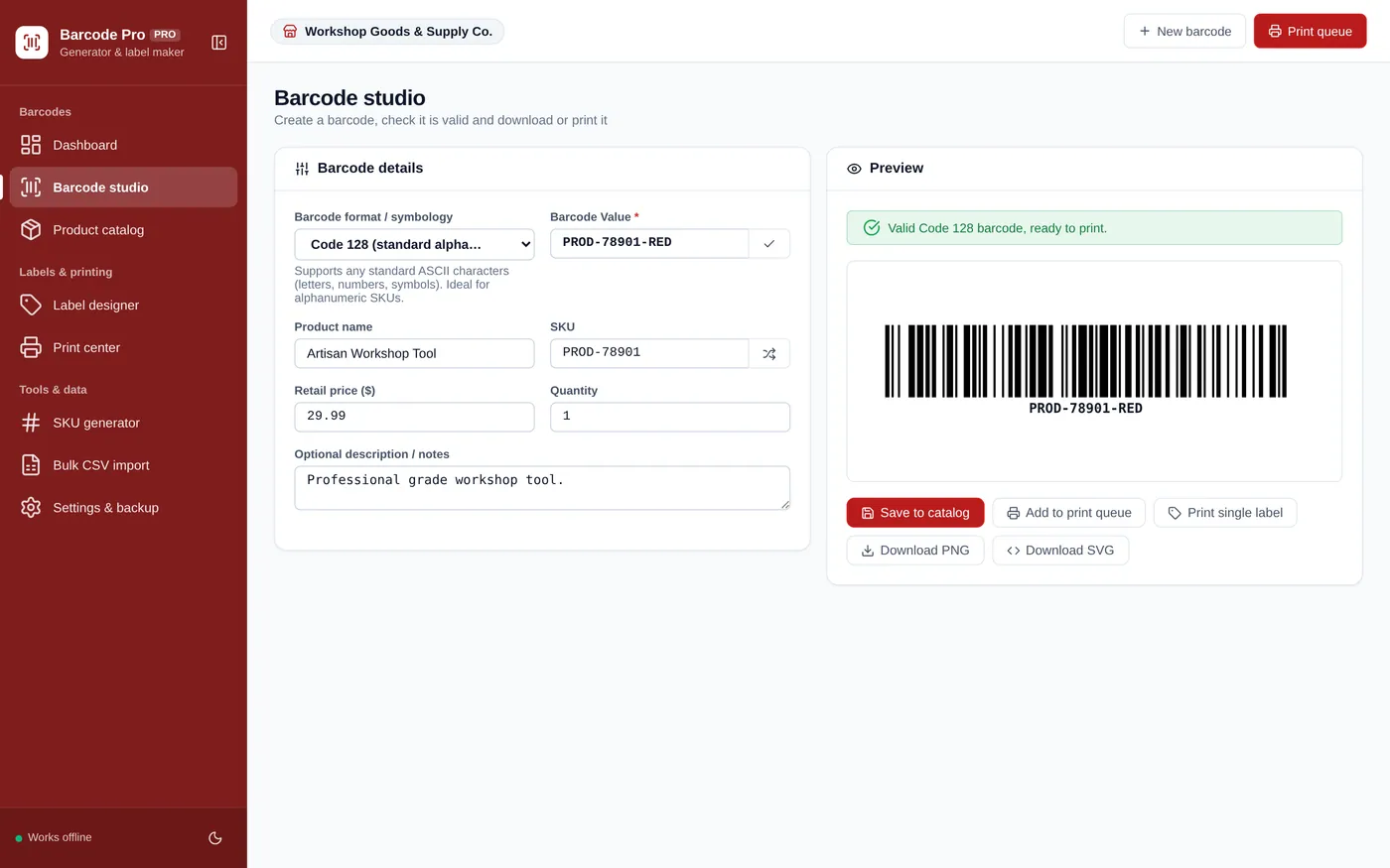 Barcode studio screen in Barcode & Label Maker