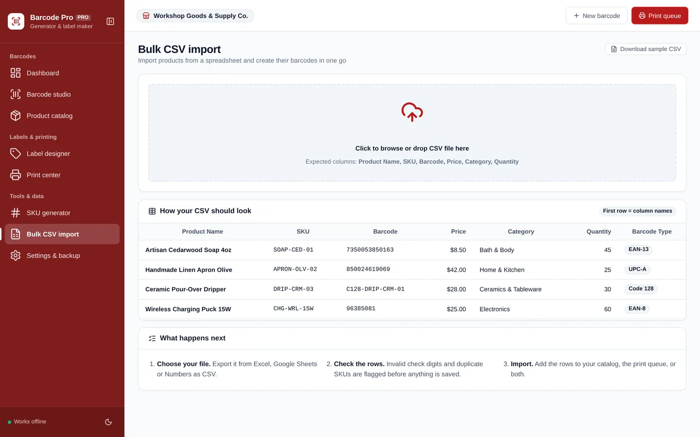 Bulk CSV import screen in Barcode & Label Maker