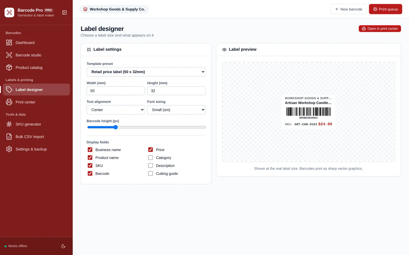 Label designer screen in Barcode & Label Maker